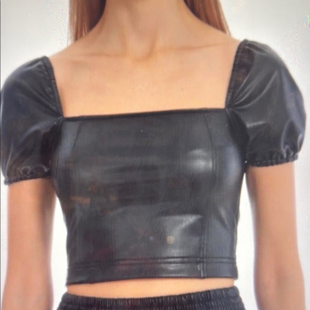 New! 7 For All Mankind Puff Sleeve Faux Leather Crop Top, BROWN, size small